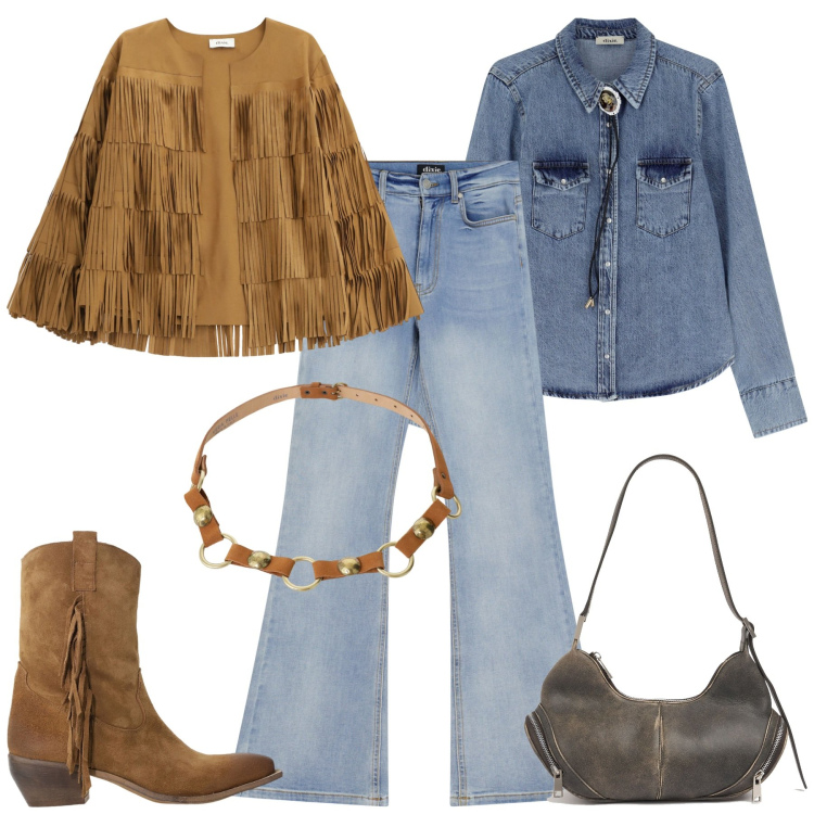 Outfit donna - Go boho. Stile Boho per Tutti i giorni. Abbinamento con jeans a zampa, cinture, camicie, stivali, giacche, borse a spalla.