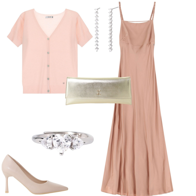 Outfit donna - Serata evento speciale cerimonia. Stile Romantica per Serata fuori. Abbinamento con orecchini, anelli, cardigans, vestiti lunghi, décolleté, pochette.