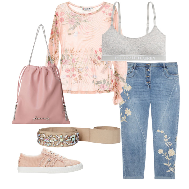Outfit donna - Primavera pesca. Stile Romantica per Tutti i giorni. Abbinamento con top, borse a secchiello, canottiere, sneakers, cinture, jeans.