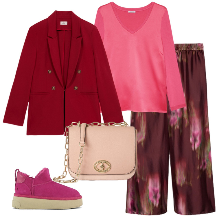 Outfit donna - 50 sfumature di rosso. Stile Casual per Serata fuori. Abbinamento con t-shirt, pantaloni a palazzo, blazer, stivali, borse a tracolla.