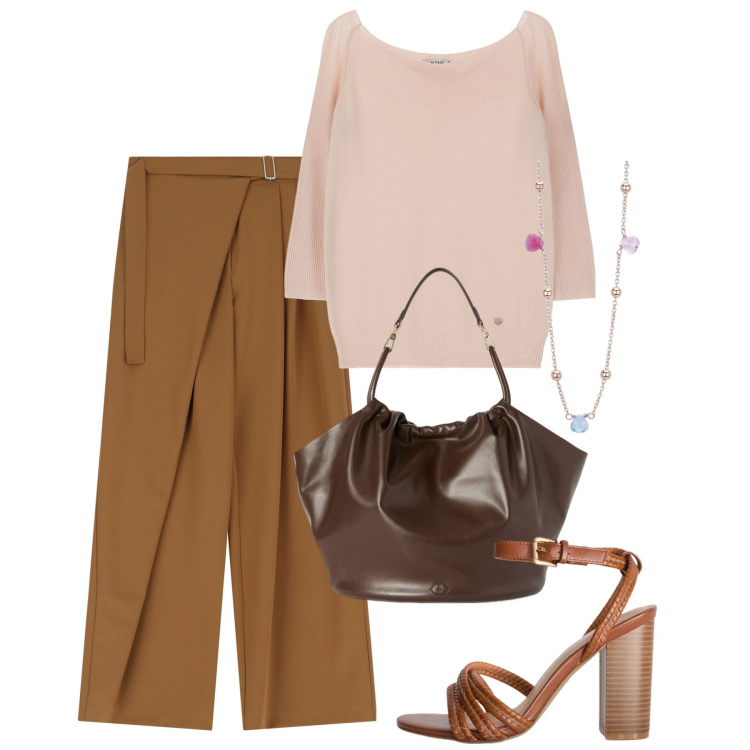 Outfit donna - Pantaloni tabacco. Stile Chic per Tutti i giorni. Abbinamento con collane, pullovers, pantaloni a palazzo, borse a secchiello, sandali col tacco.