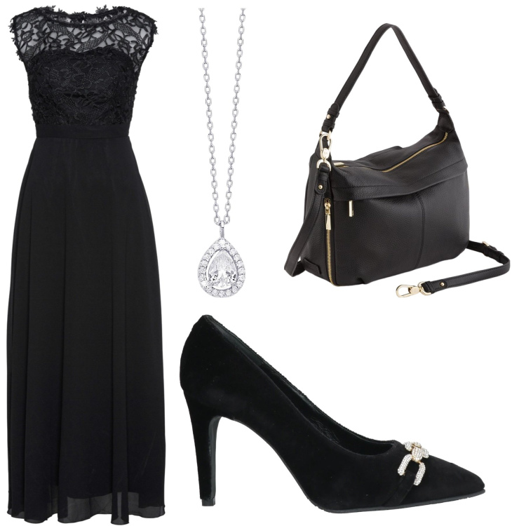 Outfit donna - Noir. Stile Chic per Serata fuori. Abbinamento con vestiti lunghi, décolleté, collane, borse a tracolla.