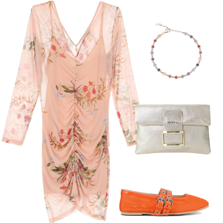 Outfit donna - Serata drappeggiata e colorata. Stile Bon Ton per Serata fuori. Abbinamento con braccialetti, vestiti corti, pochette, ballerine.