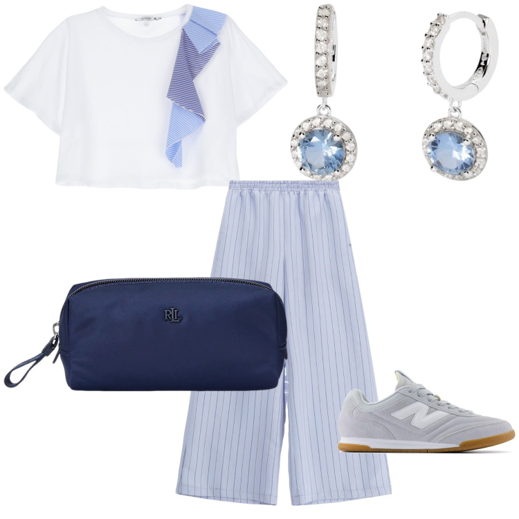 Outfit donna - Romanticismo sportivo. Stile Sporty chic per Serata fuori. Abbinamento con orecchini, sneakers, t-shirt, pantaloni a palazzo, pochette.