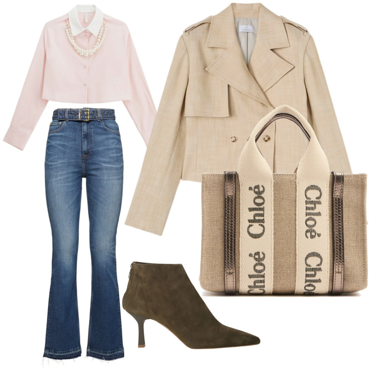 Outfit donna - L\'insegnante. Stile Casual chic per Tutti i giorni. Abbinamento con camicie, stivaletti, borse a mano, jeans dritti, blazer.