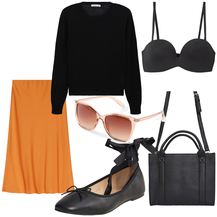 Outfit donna - Total look. Stile Urban per Tutti i giorni. Abbinamento con occhiali da sole, borse tote, maglieria, ballerine, reggiseni, gonne longuette.