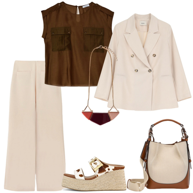 Outfit donna - Total look #2108285. Stile Casual chic per Tutti i giorni. Abbinamento con blazer, zeppe, bluse, borse a mano, pantaloni a palazzo, ciondoli.
