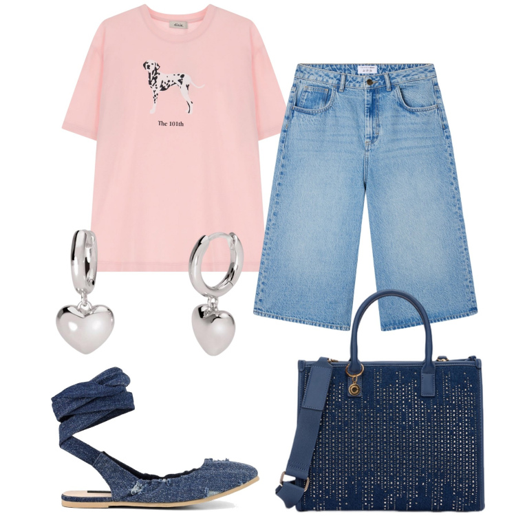 Outfit donna - Fresca e semplice al bar con amiche. Stile Trendy per Tutti i giorni. Abbinamento con shorts, orecchini, t-shirt, ballerine, borse a mano.