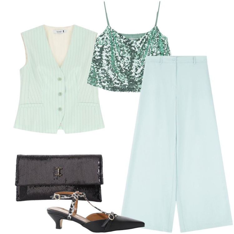 Outfit donna - Osare con le paillettes. Stile Glamour per Cerimonia. Abbinamento con gilet, pantaloni, top, décolleté, borse a tracolla.
