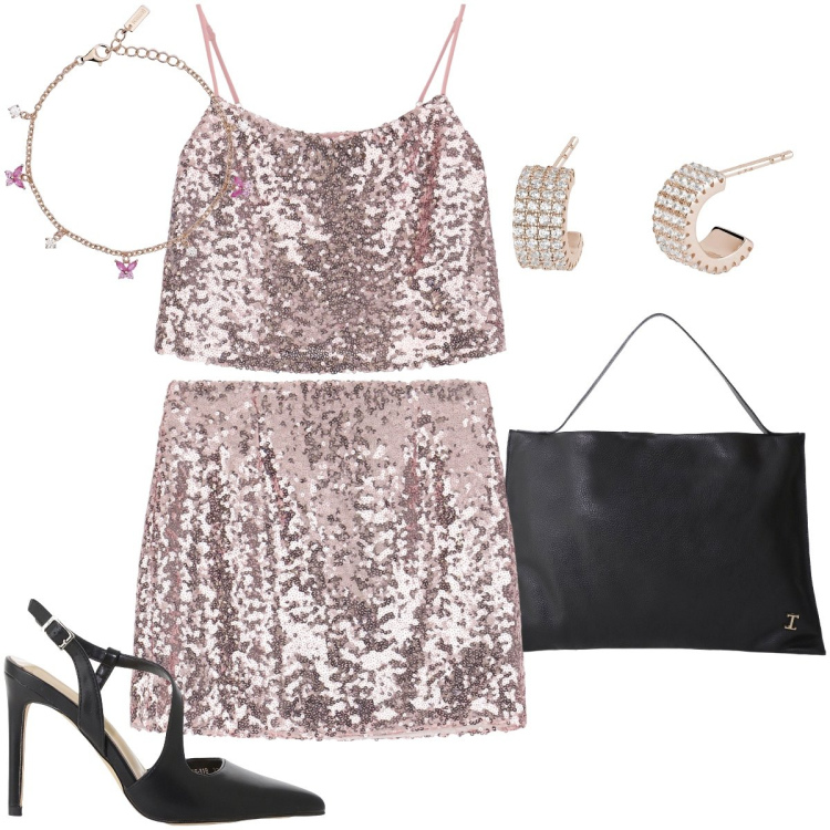 Outfit donna - Party by Please. Stile Glamour per Serata fuori. Abbinamento con orecchini, braccialetti, top, minigonne, borse a spalla, décolleté.