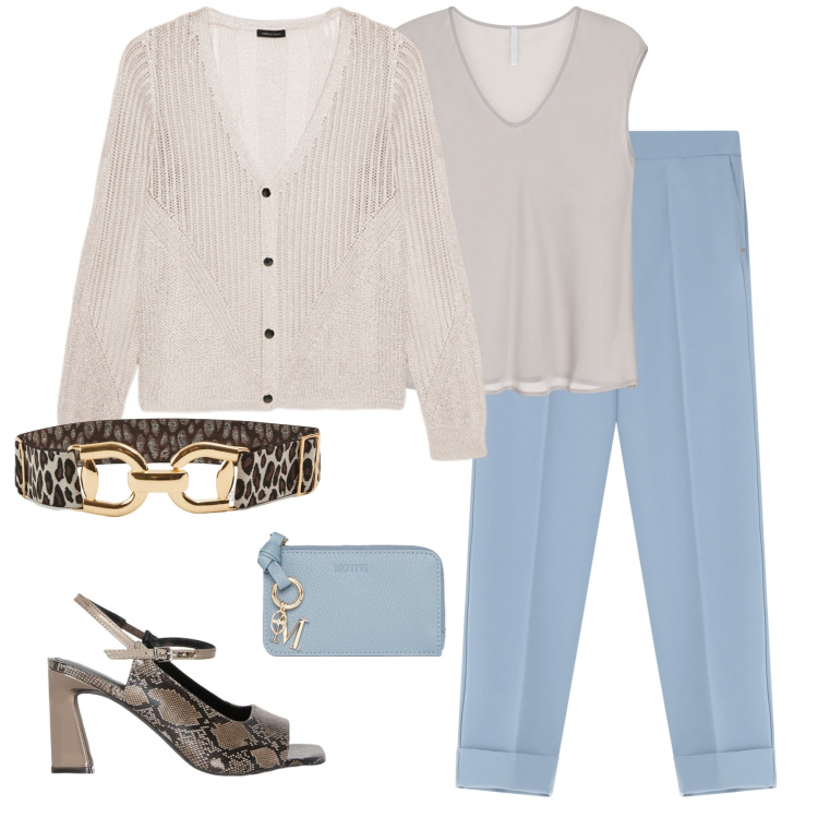 Outfit donna - Grigio azzurro pitonato. Stile Chic per Tutti i giorni. Abbinamento con cinture, pantaloni, top, cardigans, sandali col tacco, portafogli.