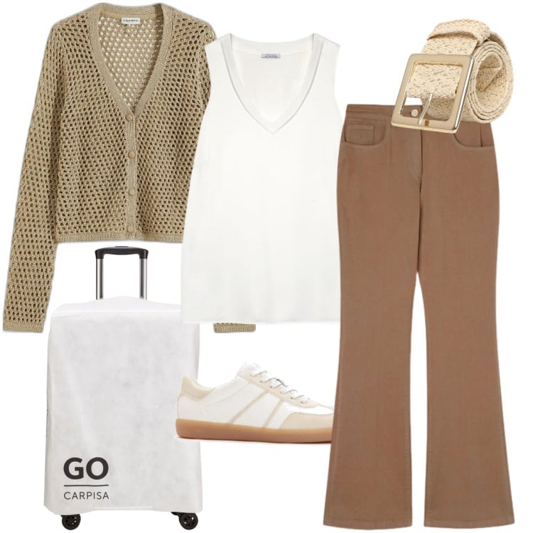 Outfit donna - Il cardigan retato. Stile Casual per Tutti i giorni. Abbinamento con cardigans, sneakers, cinture, top, shopping bag, pantaloni.