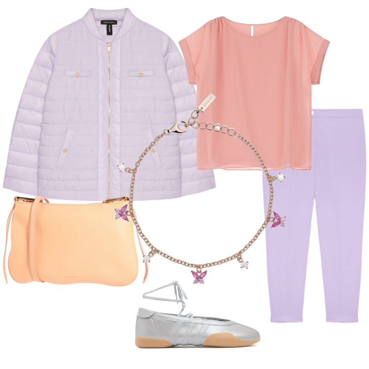 Outfit donna - Petali. Stile Romantica per Tutti i giorni. Abbinamento con borse a tracolla, braccialetti, t-shirt, piumini, pantaloni, sneakers.