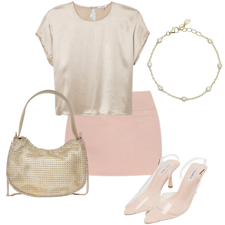 Outfit donna - Rosa e gold. Stile Romantica per Cerimonia. Abbinamento con sandali col tacco, bluse, borse a spalla, braccialetti, minigonne.