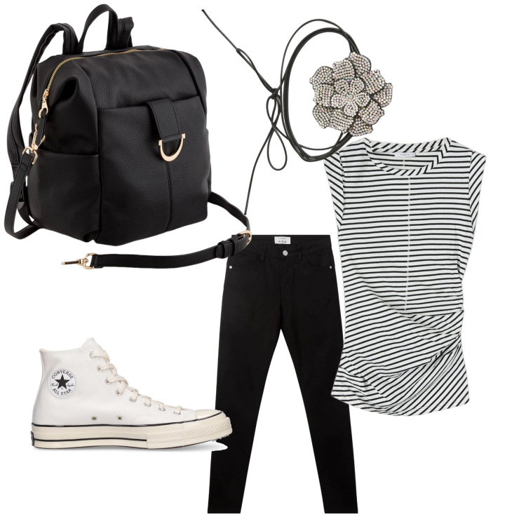 Outfit donna - Bianco e nero. Stile Casual chic per Tutti i giorni. Abbinamento con collane, pantaloni, top, sneakers, zaini.