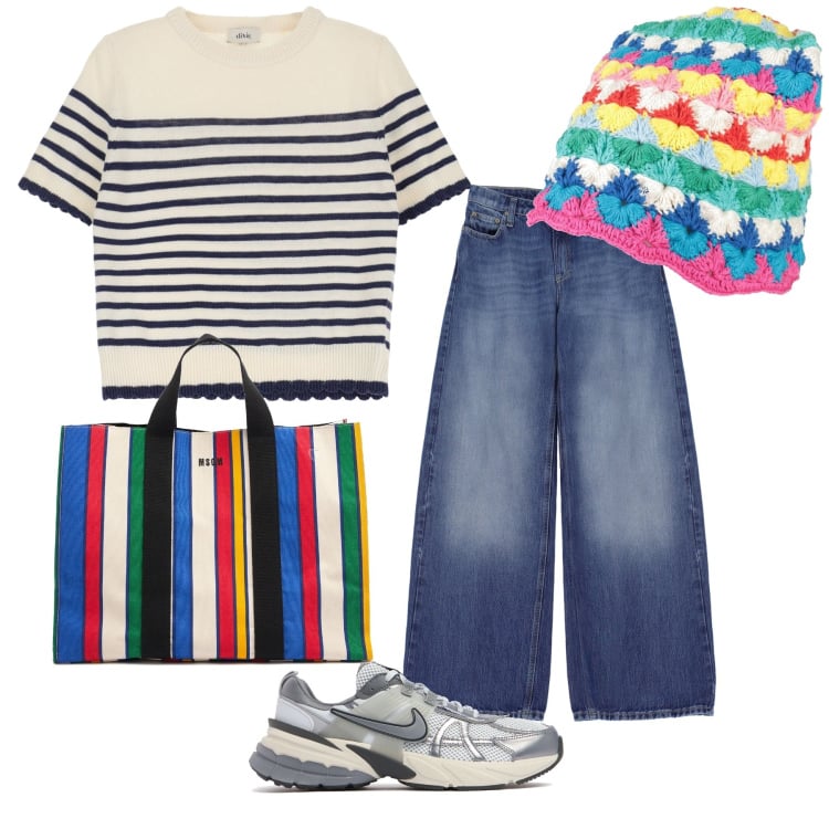 Outfit donna - Colori a pasquetta. Stile Trendy per Tutti i giorni. Abbinamento con cappelli, jeans, maglieria, shopping bag, sneakers.