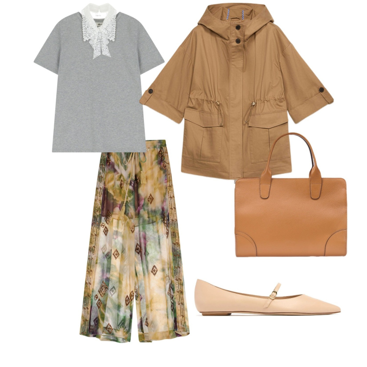 Outfit donna - Giornata piovosa. per Tutti i giorni. Abbinamento con pantaloni a palazzo, t-shirt, parka, ballerine, borse tote.