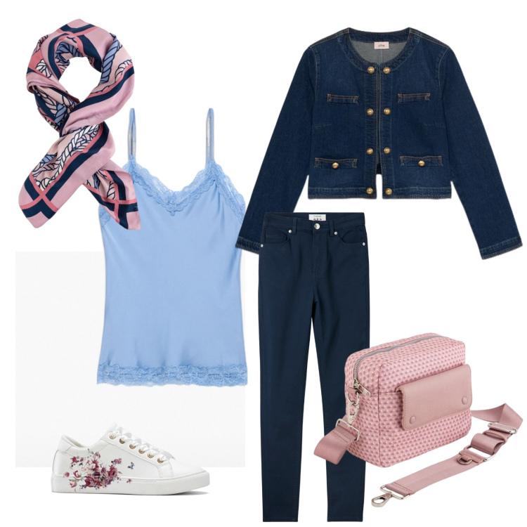 Outfit donna - Voglia di primavera. Abbinamento con sneakers, pantaloni skinny, blazer, foulard, borse a tracolla, top.