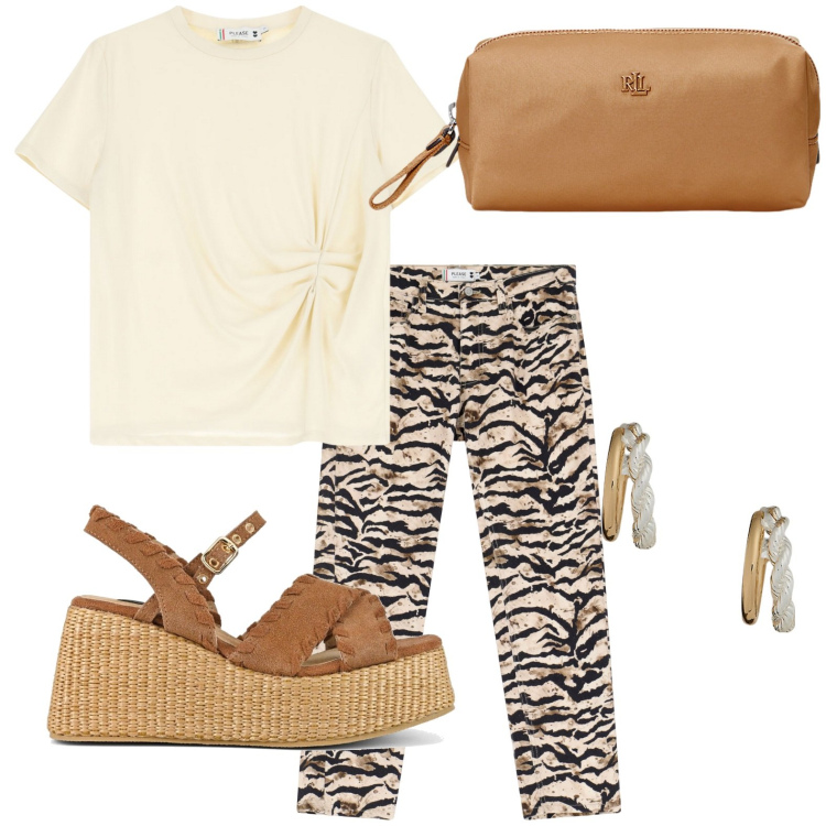 Outfit donna - Collezione Party by Please SS 2025. Stile Glamour per Serata fuori. Abbinamento con pantaloni chino, t-shirt, pochette, orecchini, zeppe.