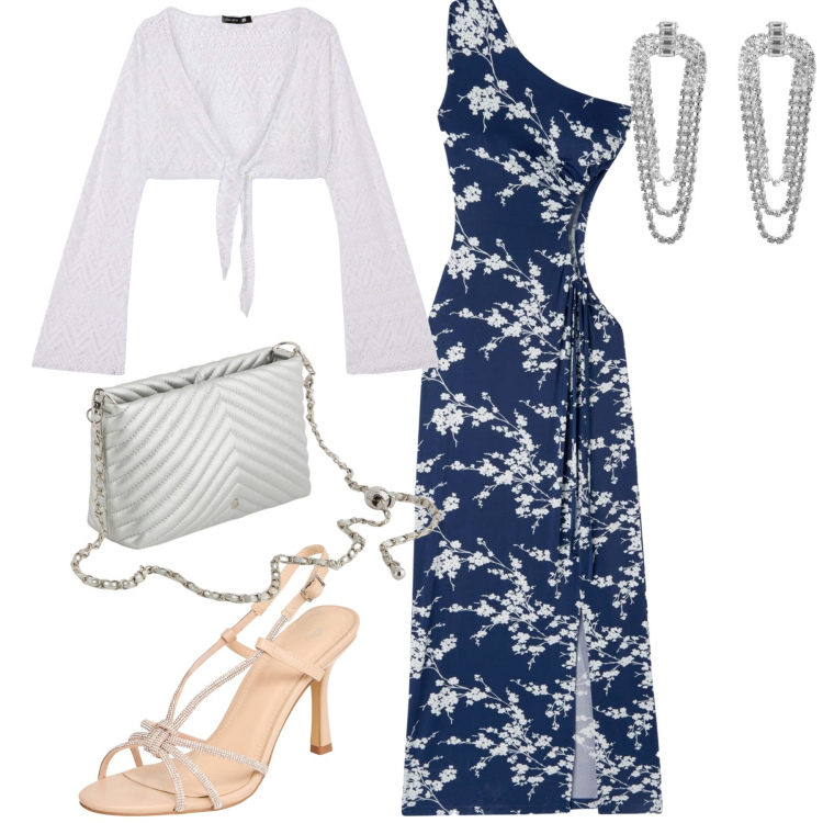 Outfit donna - Total look #2108339. Stile Trendy per Serata fuori. Abbinamento con vestiti asimmetrici, orecchini, sandali col tacco, bolero, borse a tracolla.