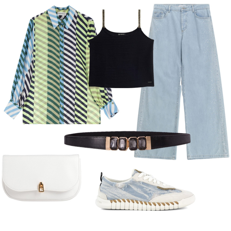 Outfit donna - Righine con verde. Stile Casual chic per Tutti i giorni. Abbinamento con borse a mano, jeans, canottiere, camicie, sneakers, cinture.