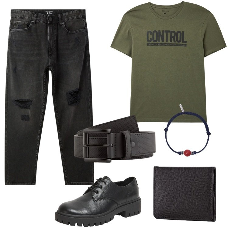 Outfit uomo - Biker Chic. Stile Biker Rock per Tutti i giorni. Abbinamento con jeans strappati, t-shirt, scarpe stringate, braccialetti, portamonete, cinture.