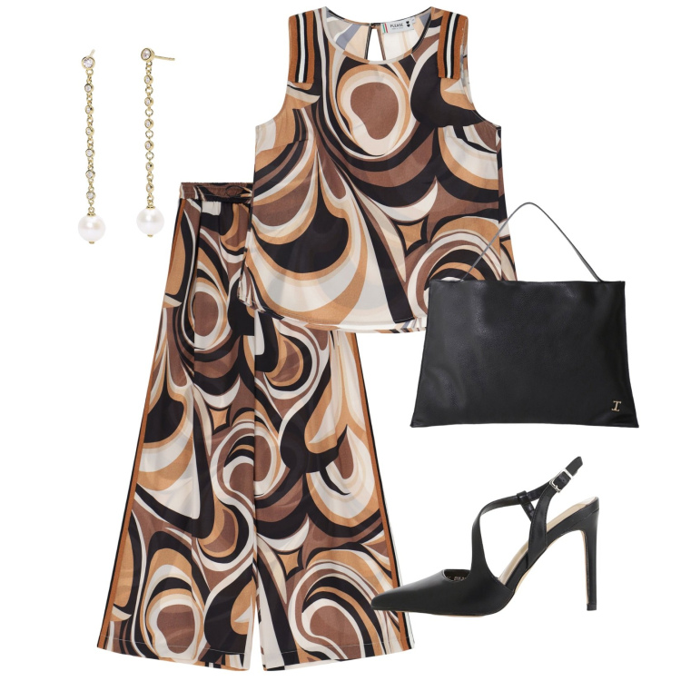 Outfit donna - Cerimonia in fantasia. Stile Chic per Cerimonia. Abbinamento con orecchini, pantaloni, top, borse a spalla, décolleté.