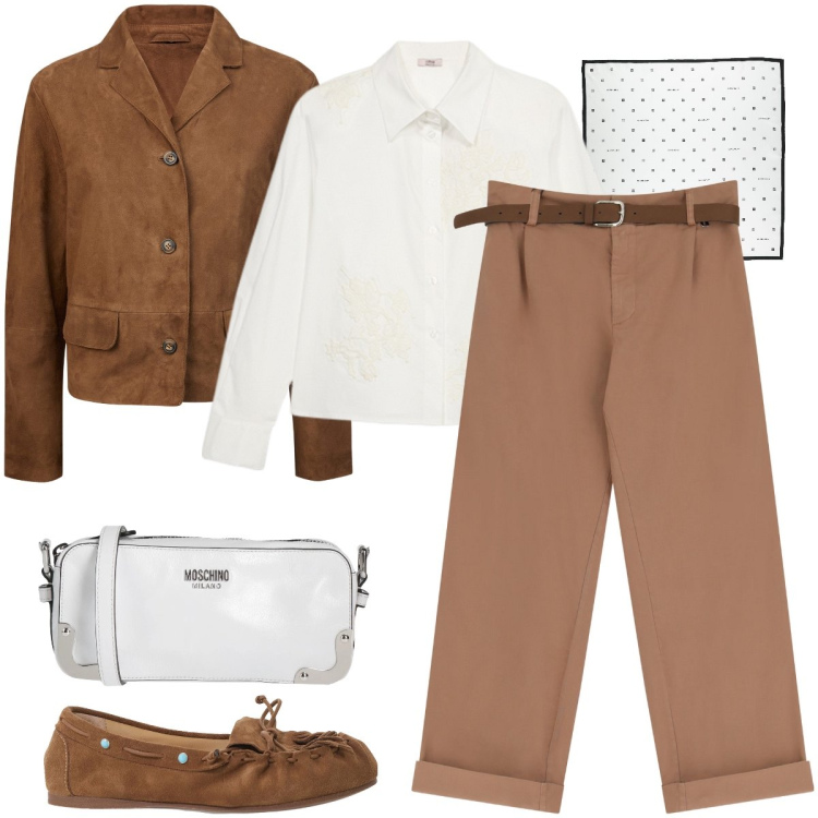 Outfit donna - Effetto camoscio. Stile Urban per Tutti i giorni. Abbinamento con borse a tracolla, sciarpe, pantaloni chino, mocassini, blazer, camicie.
