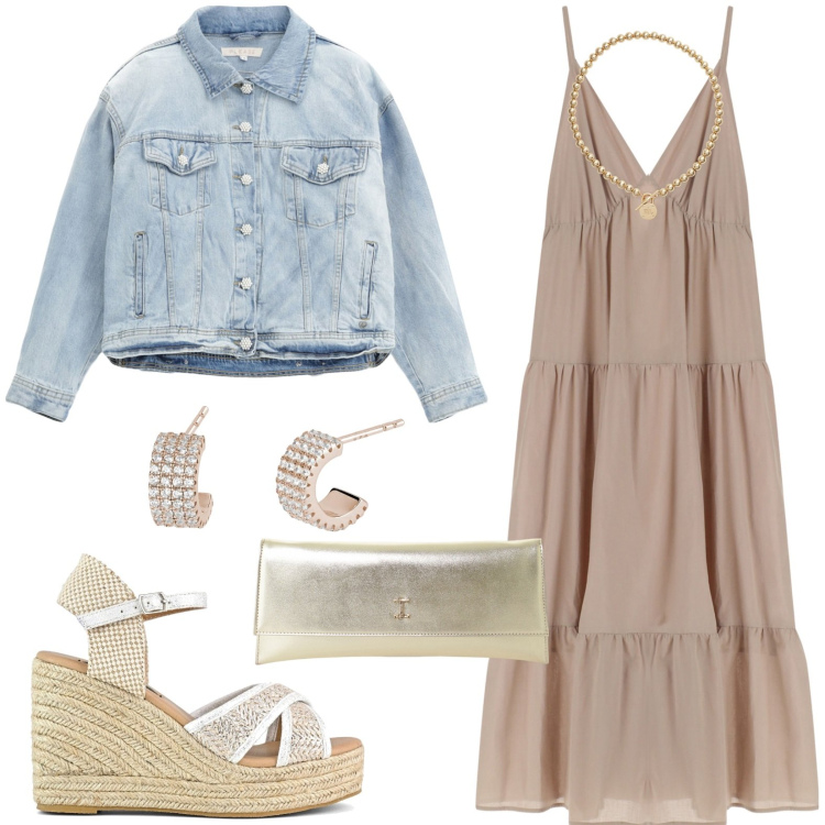 Outfit donna - Collezione Party by Please SS 2025. Stile Romantica per Serata fuori. Abbinamento con orecchini, vestiti lunghi, blazer, pochette, collane, zeppe.