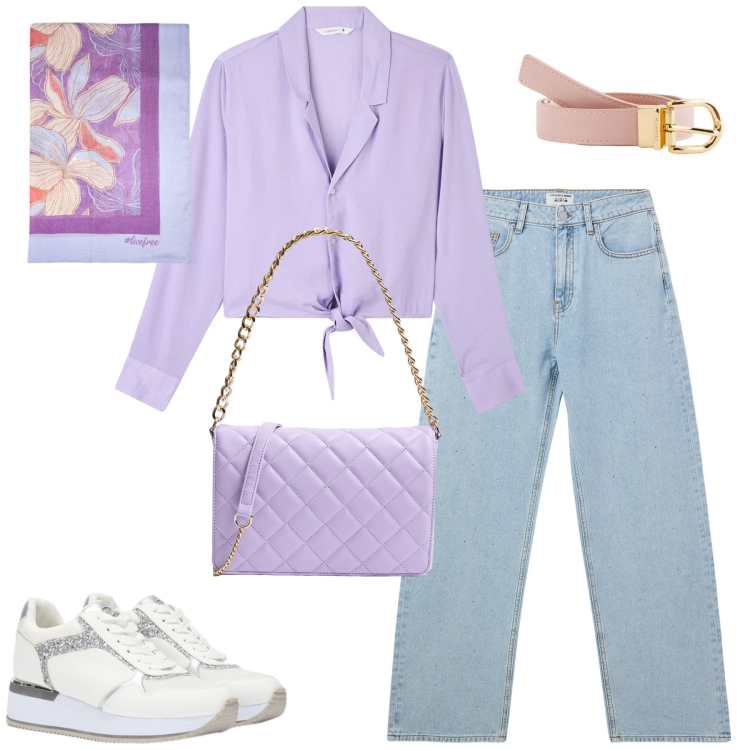 Outfit donna - City. Stile Casual chic per Tutti i giorni. Abbinamento con camicie, jeans, borse a tracolla, sneakers, stole, cinture.