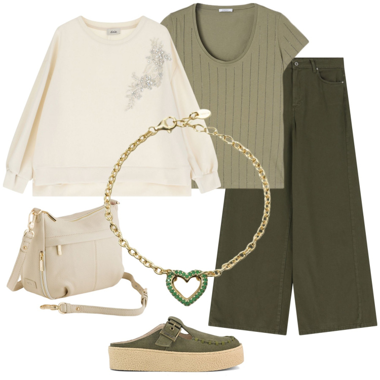 Outfit donna - Talco e menta. Stile Casual per Tutti i giorni. Abbinamento con braccialetti, felpe, jeans, sabot, t-shirt, borse a tracolla.