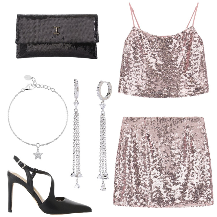 Outfit donna - Total look #2108353. Stile Glamour per Serata fuori. Abbinamento con braccialetti con ciondoli, orecchini, minigonne, top, borse a tracolla, décolleté.