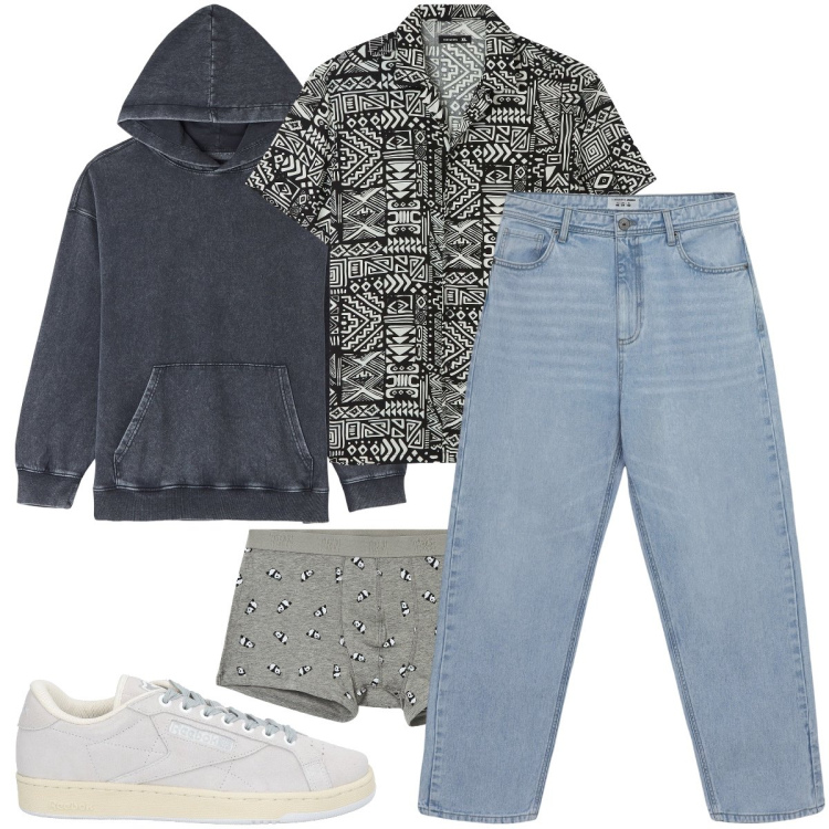 Outfit uomo - La camicia a fantasia. Stile Urban per Tutti i giorni. Abbinamento con sneakers, boxer, felpe con cappuccio, camicie a manica corta, jeans.