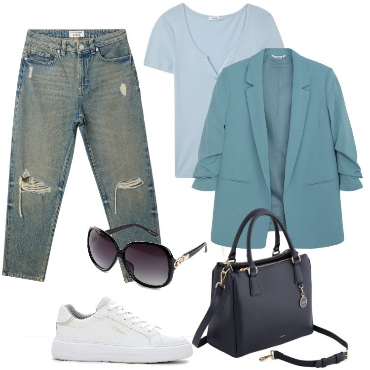 Outfit donna - Azzurro polveroso. Stile Casual chic per Tutti i giorni. Abbinamento con occhiali da sole, sneakers, jeans mom, blazer, t-shirt, borse a mano.