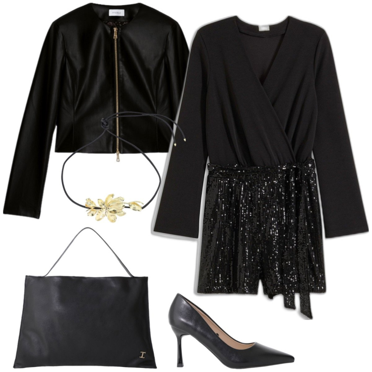 Outfit donna - Serata fuori. Stile Rock per Serata fuori. Abbinamento con tute, décolleté, borse a spalla, collane, blazer.