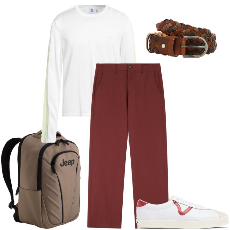 Outfit uomo - Dettagli rosso cobalto. Stile Urban per Tutti i giorni. Abbinamento con pullovers, pantaloni, cinture, sneakers, borse sportive.