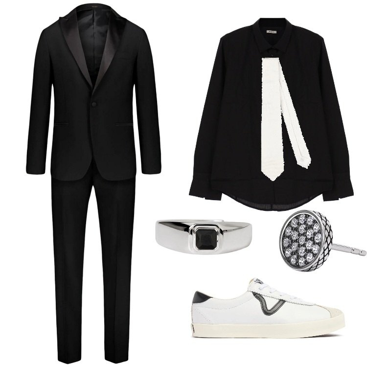 Outfit uomo - Gala rock. Stile Biker Rock per Serata speciale. Abbinamento con cravatte, anelli, orecchini, camicie, abiti, sneakers.