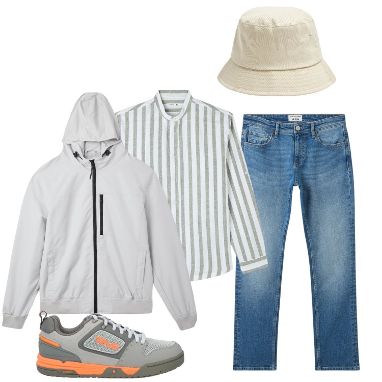 Outfit uomo - Scende la pioggia….. Stile Casual per Tutti i giorni. Abbinamento con sneakers, cappelli, camicie, jeans, giacche.