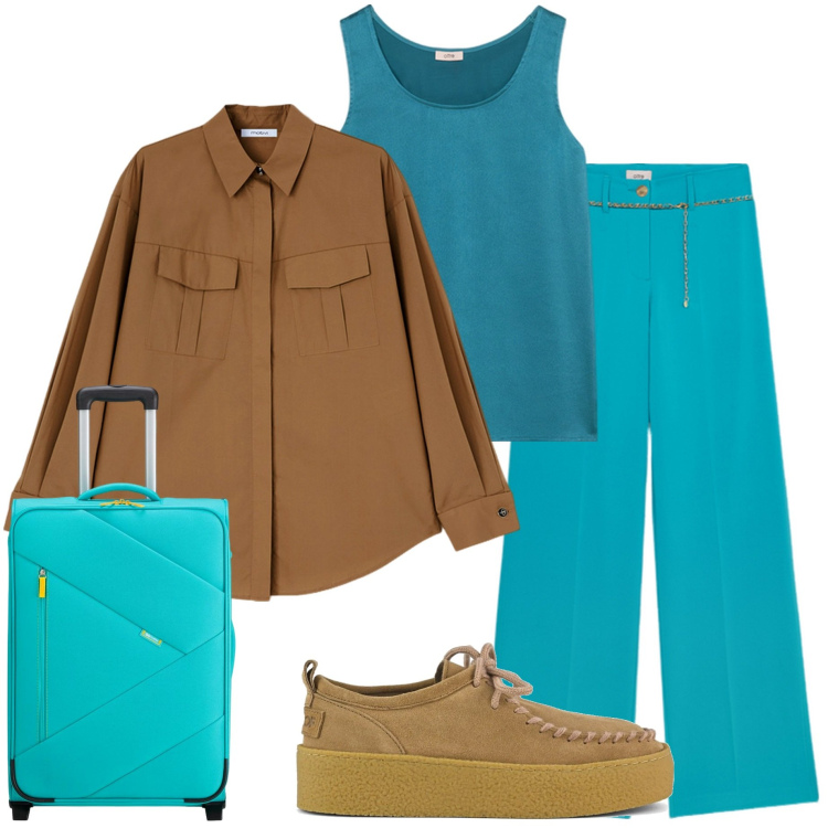 Outfit donna - Weekend con le amiche. Stile Casual chic per Tutti i giorni. Abbinamento con mocassini, camicie, pantaloni, valigie, top.