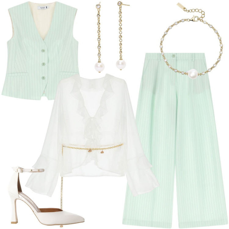 Outfit donna - Dov\'è la festa?. Stile Mannish per Serata fuori. Abbinamento con orecchini, braccialetti, gilet, pantaloni a palazzo, bluse, décolleté.