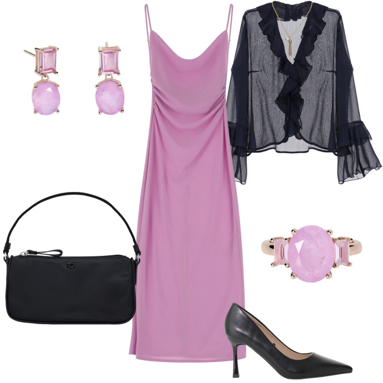Outfit donna - Where Is the party?. Stile Chic per Serata fuori. Abbinamento con orecchini, anelli, bluse, vestiti, décolleté, pochette.