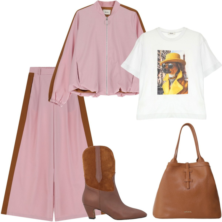 Outfit donna - sportichic 🤎. Stile Sporty chic per Tutti i giorni. Abbinamento con stivaletti, borse tote, pantaloni, bomber, t-shirt.