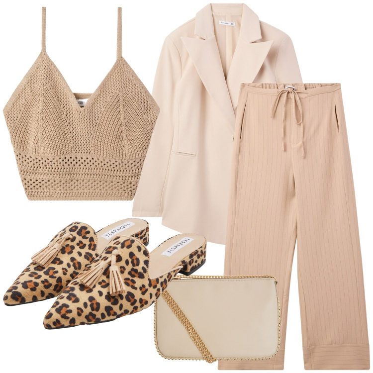 Outfit donna - Scarpe protagonista. Stile Casual chic per Tutti i giorni. Abbinamento con top, sabot, blazer, borse a tracolla, pantaloni.