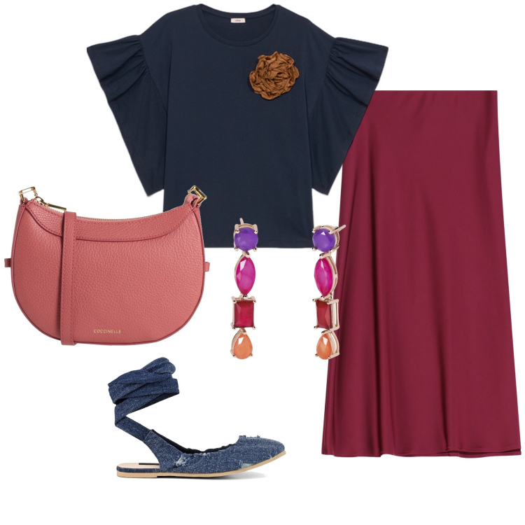 Outfit donna - Mezzaluna rosa. Stile Romantica per Tutti i giorni. Abbinamento con borse a tracolla, orecchini, gonne longuette, ballerine, t-shirt.