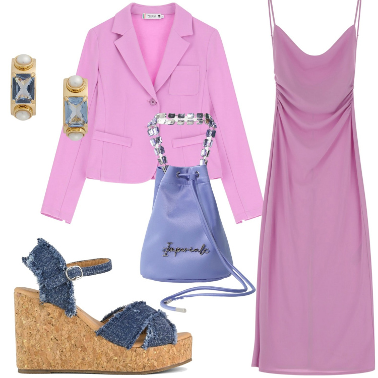 Outfit donna - Collezione Party by Please SS 2025. Stile Glamour per Serata fuori. Abbinamento con vestiti, blazer, borse a secchiello, orecchini, zeppe.
