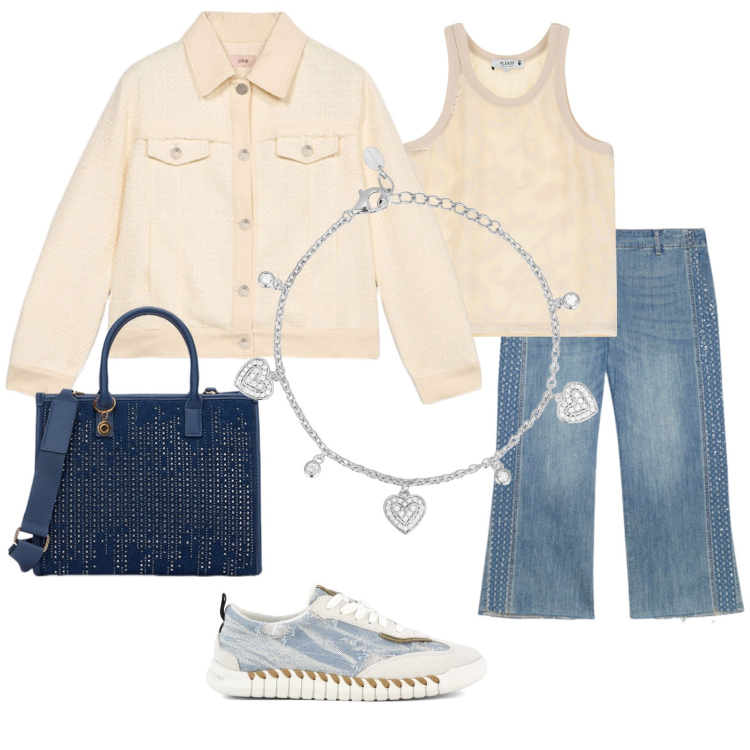 Outfit donna - Toni di cielo. Stile Casual per Tutti i giorni. Abbinamento con braccialetti, top, sneakers, jeans strappati, borse a mano, blazer.