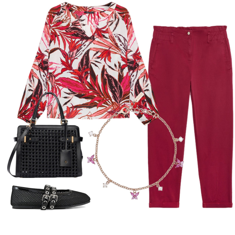 Outfit donna - Felce rossa. Stile Casual chic per Tutti i giorni. Abbinamento con braccialetti, pantaloni, ballerine, bluse, borse a mano.