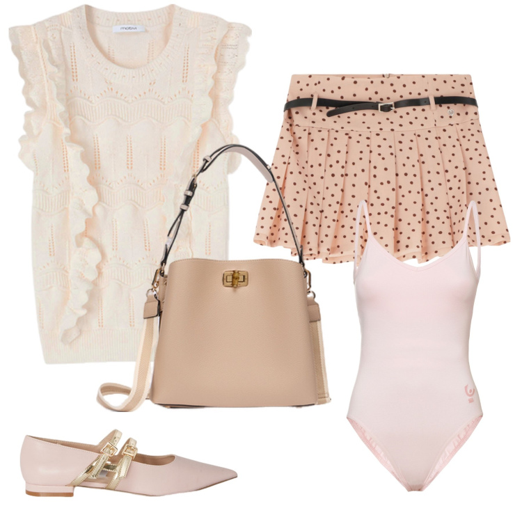 Outfit donna - Toni rosa talco. Stile Romantica per Tutti i giorni. Abbinamento con minigonne, body, ballerine, borse a secchiello, top.