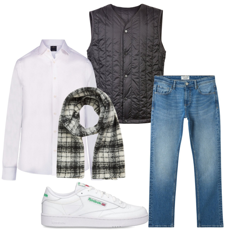 Outfit uomo - Gilet versatile. Stile Casual per Tutti i giorni. Abbinamento con jeans, sciarpe, piumini, camicie, sneakers.
