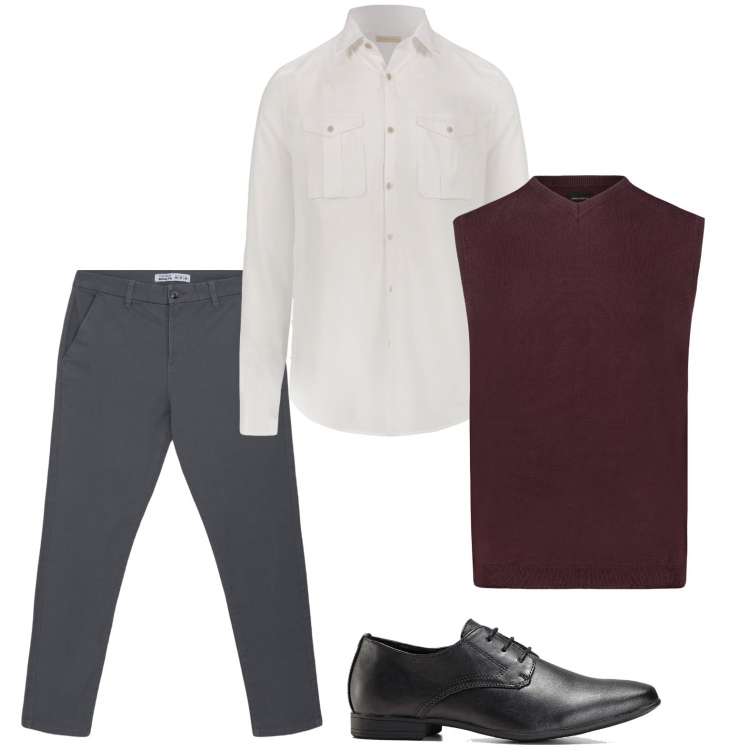 Outfit uomo - Classico con il gilet. Stile Trendy per Tutti i giorni. Abbinamento con scarpe stringate, pantaloni chino, camicie, gilet.